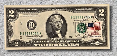 1976 $2 Bill Bicentennial First Day Issue with Pulaski TN 13¢ Stamp With Base - Image 1 of 4
