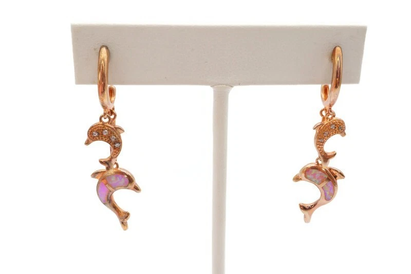 Pendientes de delfín ópalo simulado plata de ley 925 enchapados en oro rosa Foto 1 de 4