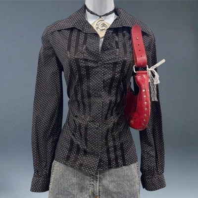 Винтажная блузка на пуговицах Y2K Liberty of London черная в горошек хлопок - Изображение 1 из 4