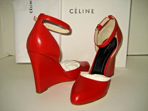NEW CELINE US 6.5 EU 37 True Red Leather Wedges Ankle Strap Dress Pumps Shoes BX - Picture 1 of 9