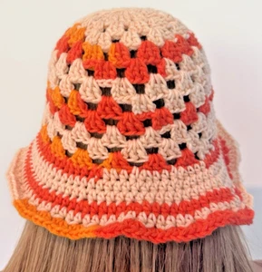 Handmade Boho Crochet Bucket Hat Retro Orange & Cream Granny Square Design - Picture 1 of 5