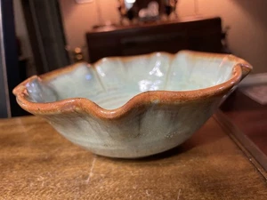 7"x2.75" Sage Green & Brown Hand Thrown Ceramis Bowl Wavy Rim Signed - Picture 1 of 5