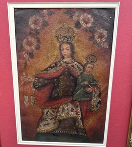 Antike Cuzco Schulmadonna mit Kind, Öl auf Leinwand - Bild 1 von 16
