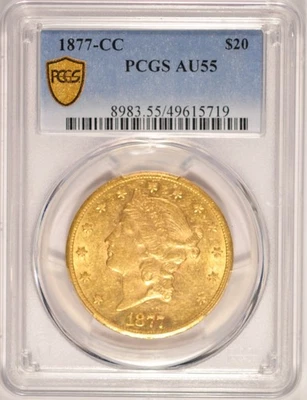 Moneda de oro doble águila 1877-CC $20 GRADUACIÓN PROFESIONAL AU55 resistente Carson City acuñada antes de 1933 Foto 1 de 4