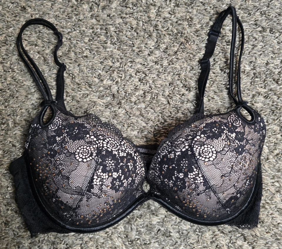 Victorias Secret Muy Sexy Push-Up 34D Negro Encaje Sobre Blanco Foto 1 de 4