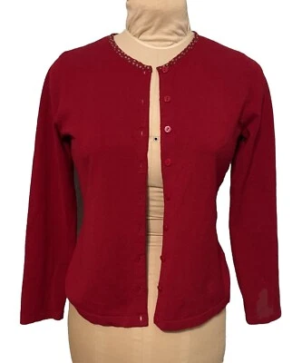 Cárdigan Kasper rojo con escote de lunares tostados talla S Foto 1 de 4