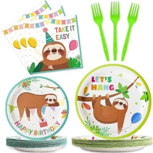 96 Pcs Sloth Party Supplies Tableware Set Hanging Decorations 24 Guests - Picture 1 of 7