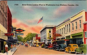 CAMDEN, ARKANSAS - BELEBTE WASHINGTON STREET - ALTE LEINENPOSTKARTE - Bild 1 von 2