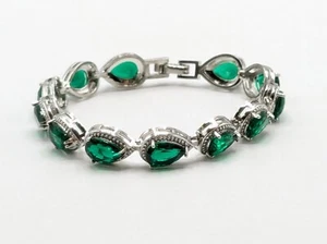 Silver Tone Faux Emerald Teardrop Pear Cut Bracelet - Picture 1 of 10
