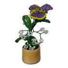Miniature Vintage Purple Pansy French Glass Wire Beaded Flower In Pot 2.5"