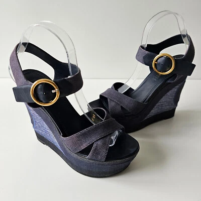 Louis Vuitton Blue Shore Denim and Leather Wedge Sandals 39 - Image 1 of 4