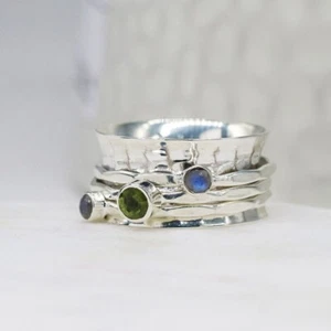 925 Sterling Silver Peridot Spinner Ring Handmade Women Jewelry For Her B 21 - Picture 1 of 4