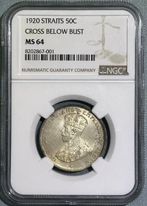 Straits Settlements 1920 Silver Coin 50 Cents Pre Malaysia Choice BU NGC MS 64 - Picture 1 of 4
