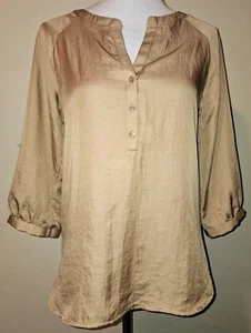 Ann Taylor LOFT V-Neck Button 3/4 Sleeve Silky Sz XS Bronze Side Slit Blouse - Imagen 1 de 21