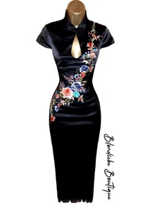 Karen Millen Größe UK 10 SELTEN VINTAGE SCHWARZ SATIN ORIENTALISCH KORSETT BLEISTIFTKLEID - Bild 1 von 5