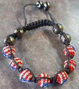 USA Flag Stars & Stripes Shamballa Bracelet One size Adjustable Hematite Balls - Picture 1 of 5