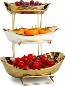 3 Tier Fruit Bowl for Kitchen Counter, Ceramic White Gold Fruit Bowl Fruit Tray - Picture 1 of 4