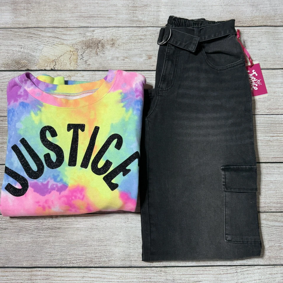 Girls Justice Outfit Size 16. NWT! Tie Dye Sweatshirt And Black Cargo Jeans. - Image 1 of 4