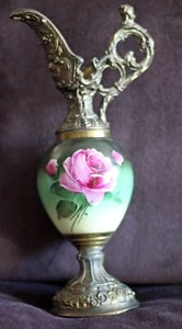 Antique Mantle Ewer Victorian Hand Painted Rose PorcelainBronze - Picture 1 of 9