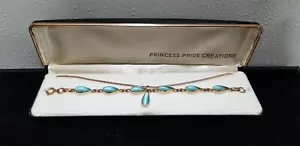 Vtg PRINCESS PRIDE CREATIONS NECKLACE BRACELET Aqua Teardrop Cabochon Gold Tone - Picture 1 of 11