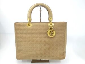 Auth Christian Dior Lady Cannage Hand Bag Nylon Leather Beige Vintage