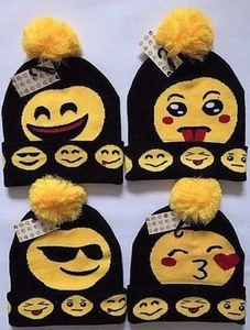 Unisex Kids Boys Girls Winter Smiley Emoji Hat Warm Bobble Ski Hat Winter Hat - Picture 1 of 22