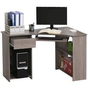 L-SHAPED CORNER COMPUTER DESK & 2-TIER SIDE SHELVES WIDE TABLE TOP GREY - Picture 1 of 9