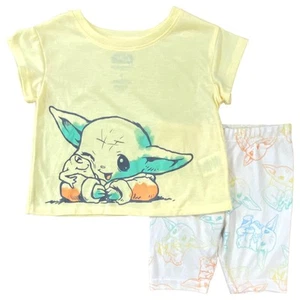 Star Wars Girls Short Sleeve Yellow Pajama Set Mandalorian Baby Yoda Pajamas - Picture 1 of 1