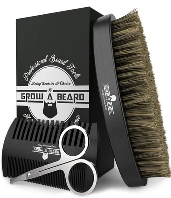 Beard Brush For Men & Beard Comb Set w/Mustache Scissors Grooming Kit, Natural B - Image 1 of 4