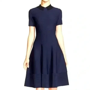 Kate Spade Fit & Flare Trompe l'Oleil Dress Medium Blue Black Scuba Knit Stretch - Picture 1 of 7