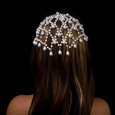 Tocado renacentista para mujer diadema de perlas de imitación retro años 20 cadena para la cabeza para mujer Foto 1 de 3