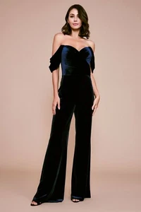 Tadashi Shoji Navy Blue NEESHA Velvet Off the Shoulder Jumpsuit SZ XS New - Picture 1 of 3