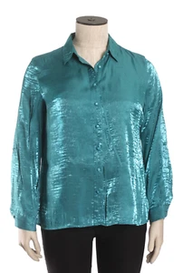Elementz Size Petite XL/XXL Teal Crushed Satin Button Up Blouse, Roll Tab Sleeve - Picture 1 of 12