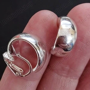 CLIP ON shiny silver tone HUGGIE EARRINGS curved half hoop CLIPS mirror 1.5cm - Picture 1 of 10