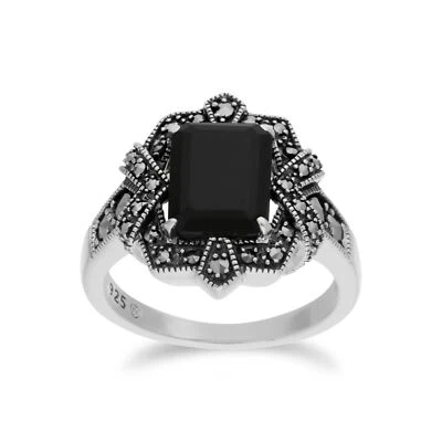Arte Stile Déco Baguette Nero Onice E Marcasite Anello IN 925 Argento Sterling - Immagine 1 di 4