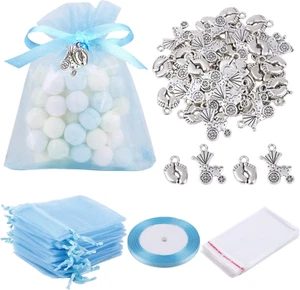 50 Sets Taufe Deko Junge Miniatur Anhänger Metall Blau Organza Beutel - Bild 1 von 10