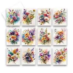 12 Assorted All Occasion Note Cards Blank Greeting Cards - WATERCOLOR FLOWERS - Picture 1 of 6