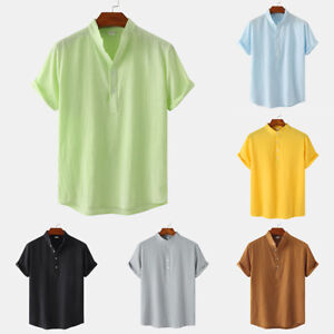 Men's Linen Cotton Short Sleeve Buttoned Shirts Chest Pocket Blouse Top <