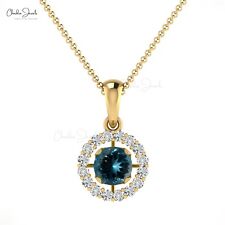 London Blue Topaz Gemstone Halo Pendant 14k Solid Gold 0.13 Cts Diamond Pendant