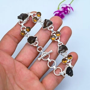 Dainty Raw Smokey Quartz, Honey Topaz Chain Bracelet 925 Sterling Silver Jewelry - Picture 1 of 5