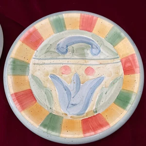 Set/4 Bella ~Corsica- 10 1/2” Dinner Plates; blue tulips striped edge band EUC - Picture 1 of 10