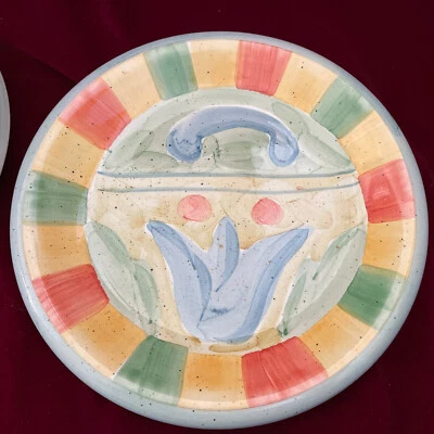 Set/4 Bella ~Corsica- 10 1/2” Dinner Plates; blue tulips striped edge band EUC - Image 1 of 4