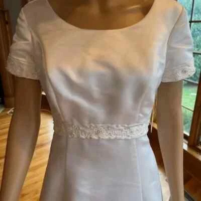 * White Satin Beaded Trim Empire Short Sleeve Wedding Gown Bridal Dress Size 8 - Image 1 of 4