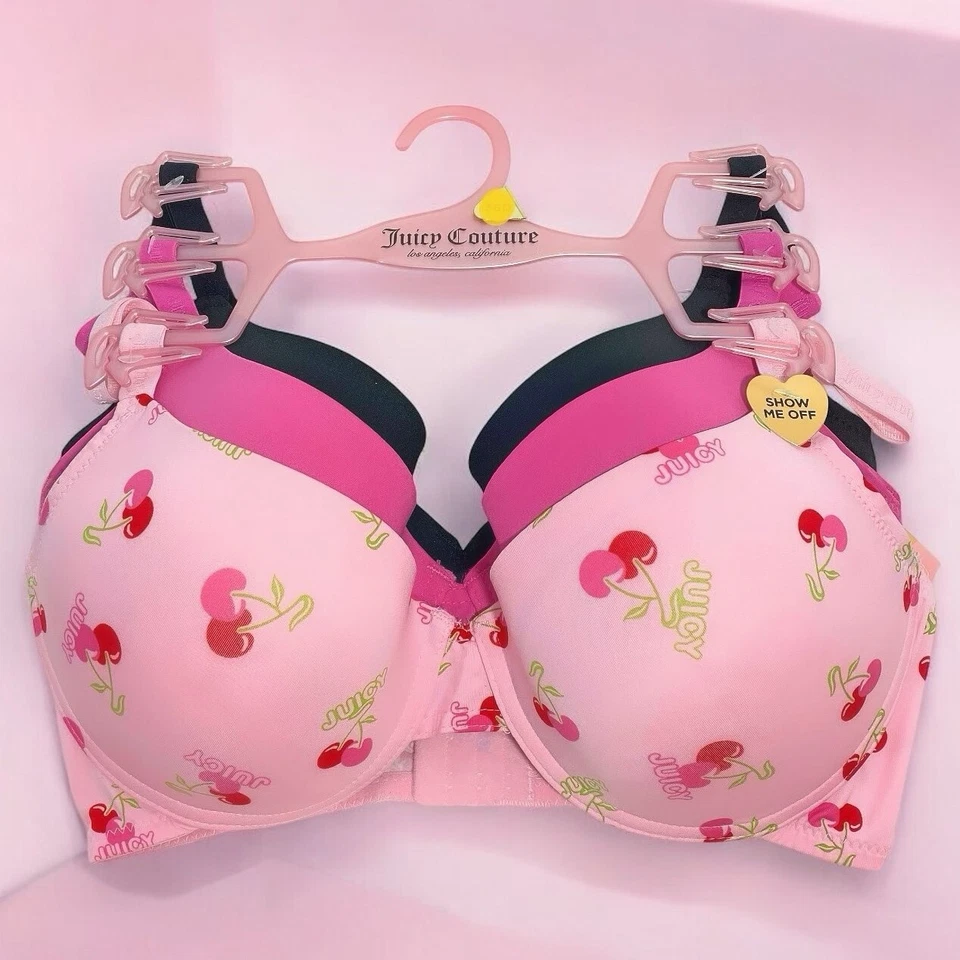 Juicy Couture Sexy Estampado Cereza, Rosa, Negro Conjunto de Sujetador Pushup de 3 Piezas Talla 36D Foto 1 de 4
