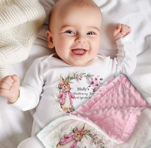 Personalised baby set christening outfit, Flopsy bunny sleepsuit, hat,blanket - Picture 1 of 2