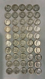Lot of 50 90% silver circulated 1950's Roosevelt dimes $5.00 face value - Picture 1 of 1