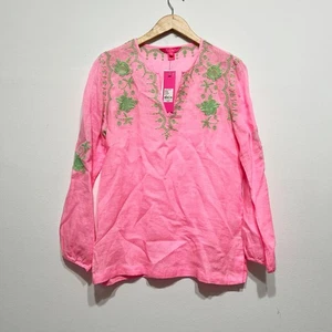 NEU Lilly Pulitzer Coby Leinen leichte Web Tunika Bluse rosa schattig grün M - Bild 1 von 4
