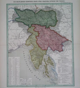 1881 ORIGINAL MAP CROATIA SLOVENIA CARNIOLA ITALY AUSTRIA ISTRIA TRIEST LAIBACH - Picture 1 of 11