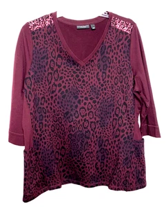 Susan Graver Weekend Animal Printed French Terry Top w/ Sequins XL Burgundy *N - Picture 1 of 6