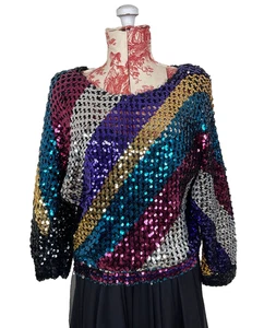 Vtg 70s Sequin DISCO Dance Sweater Stripes Three Flaggs Batwing Bell Slv Costume - Picture 1 of 17